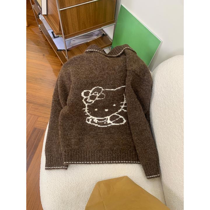 复古HelloKitty羊毛翻领毛衣外套女韩版秋冬新款宽松加厚针织开衫