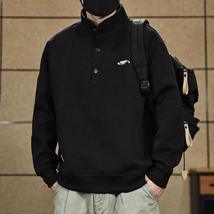 重磅半开襟立领卫衣男春秋冬季加绒宽松美式刺绣男士套头外套长袖