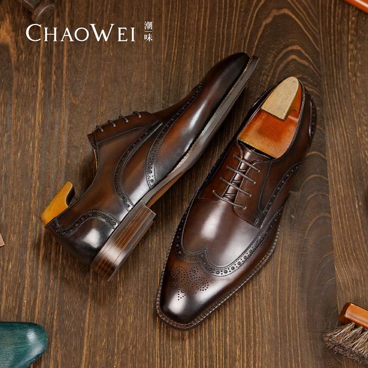 潮味新款意大利手工布洛克雕花真皮皮鞋脚胖脚宽德比鞋23B-H201