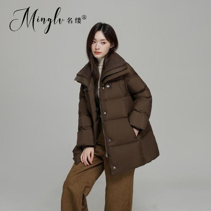中长款羽绒服2025冬季新款设计感高级感翻领针织保暖时尚加厚外套