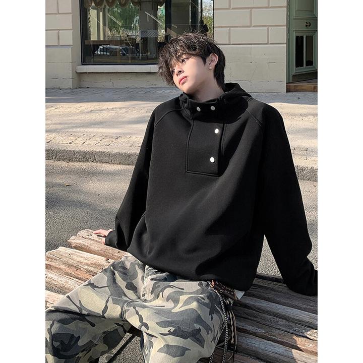 美式高街半高领排扣卫衣男款春季设计感潮牌连帽外套重磅休闲上衣