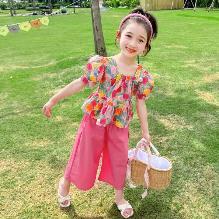 戴维贝拉甄选2025新款女童两件套儿童韩版短袖上衣九分裤潮款夏季