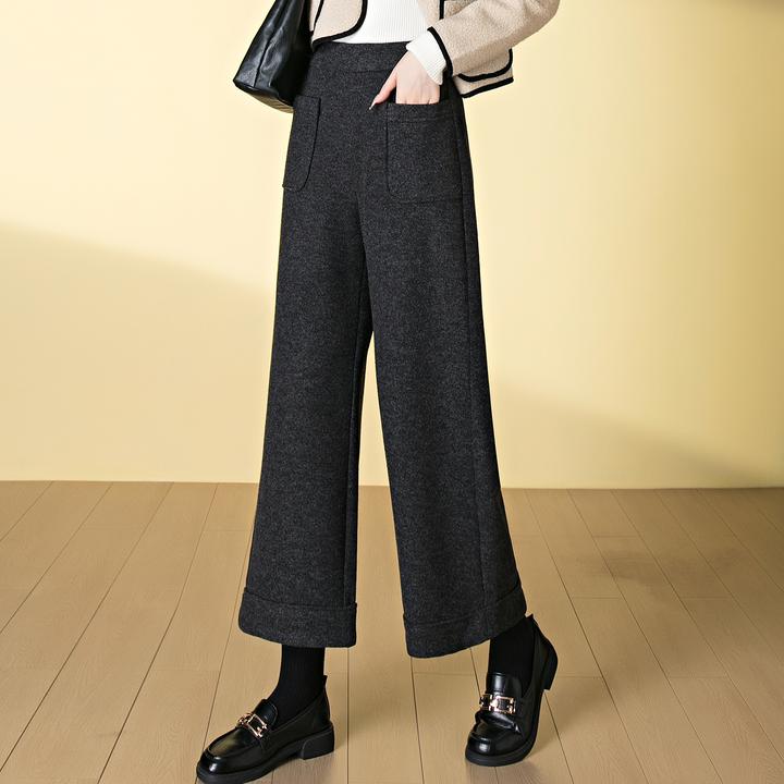 桑蚕丝羊毛呢阔腿裤女2025秋冬季新款加厚小个子高腰直筒九分裤子