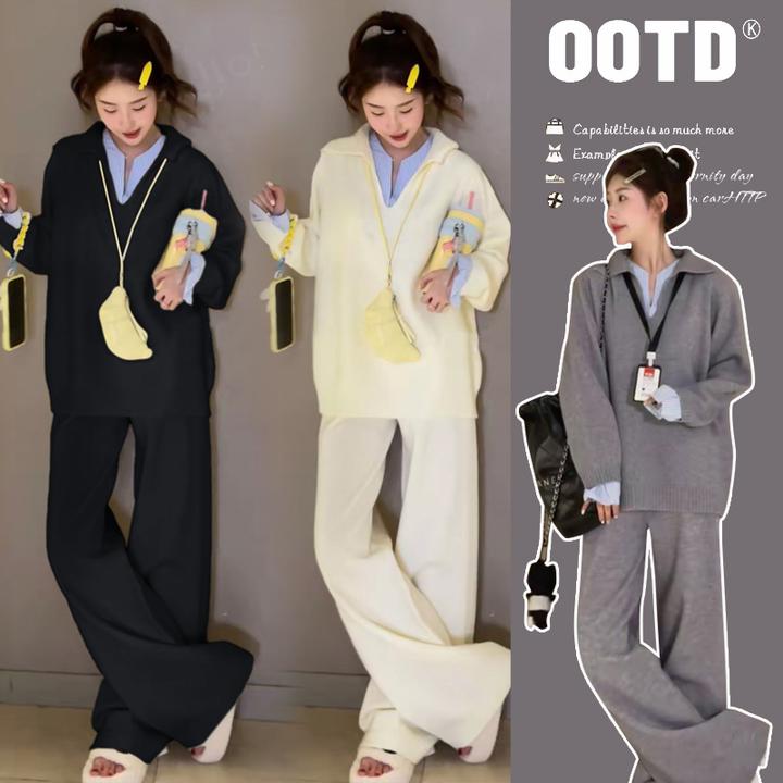 2026秋冬季新款女装宽松假两件休闲毛衣搭配减龄显瘦阔腿裤两件套