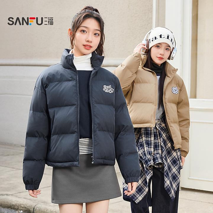 三福棉衣2025冬季英文字母立领宽松抽绳下摆上衣女装505877