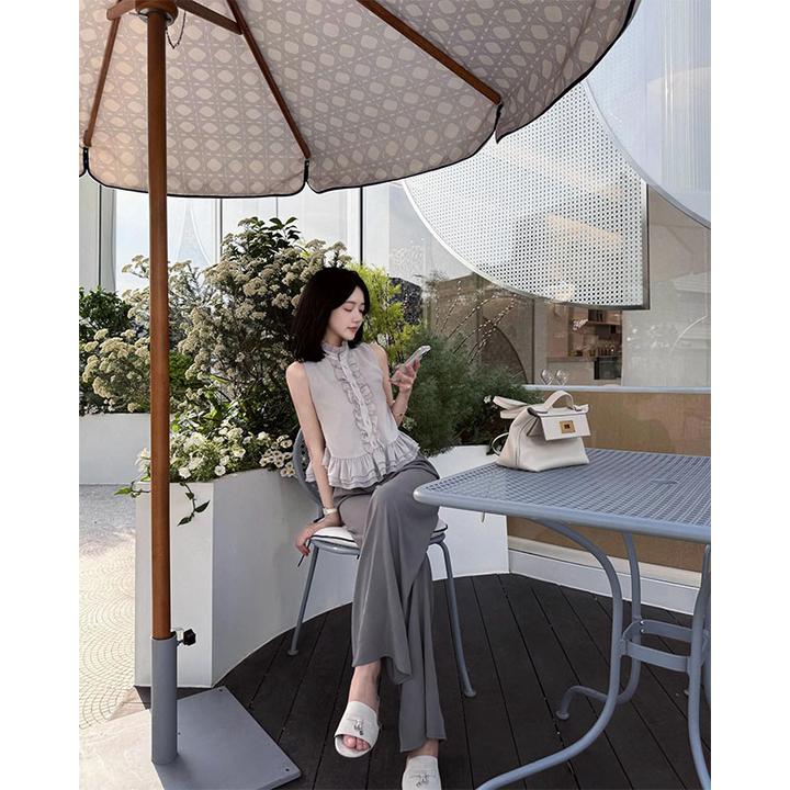 韩系时尚夏季新款2025设计感小众洋气花边无袖上衣高腰垂感直筒裤