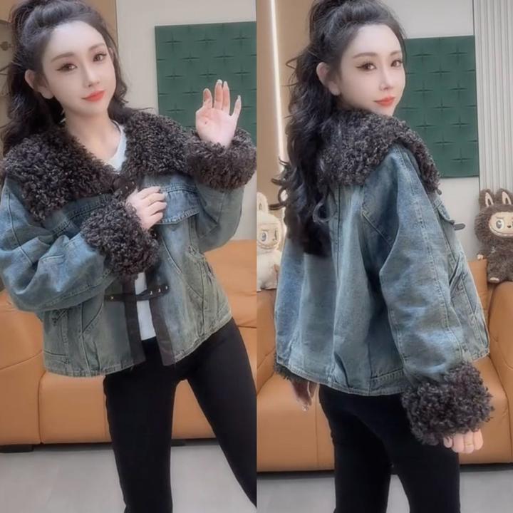2025初冬新款毛毛领拼牛仔夹棉外套洋气休闲保暖防风牛仔棉外套潮