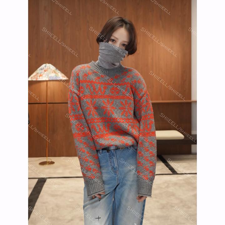 SHIIEELL【圣诞红苹果】厚款秋冬提花毛衣印花刺绣圆领针织衫Z7587