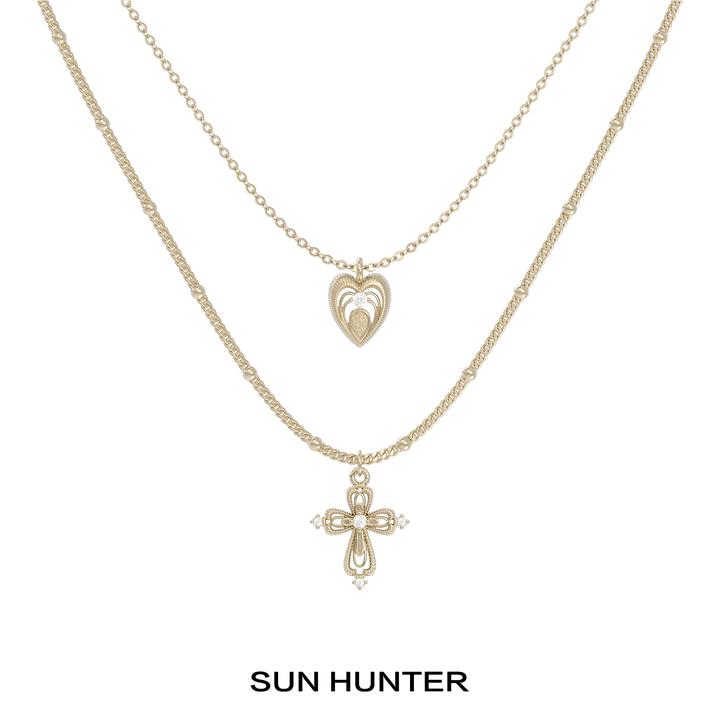铜合金项链 三横SUN HUNTER「蕾丝微光」原创双层爱心十字架项链