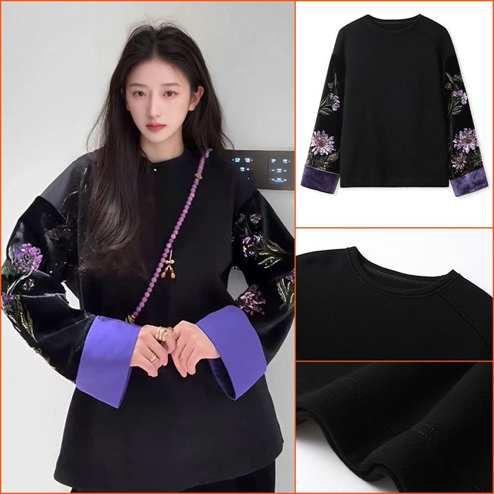 卫衣上衣长袖时尚宽松加绒印花圆领春秋休闲百搭女士加厚秋冬拼接