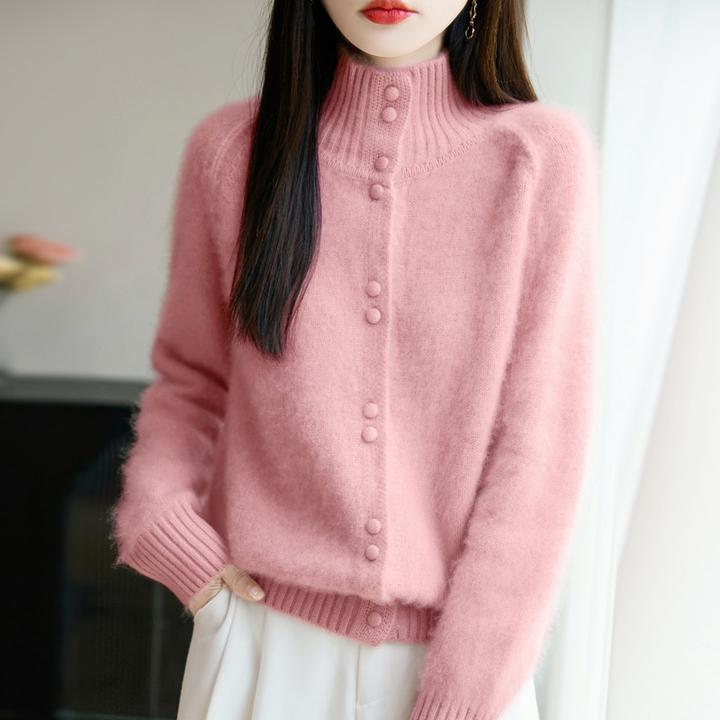 加厚包扣立领羊毛衫女秋冬新款针织开衫百搭宽松慵懒外套毛衣上衣