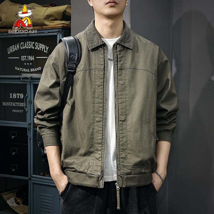 Mexican/稻草人春季纯棉工装翻领夹克男款宽松运动休闲底特律外套