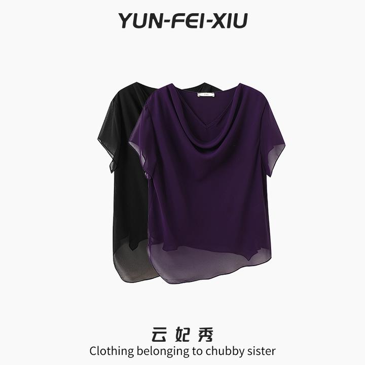 云妃秀大码女装雪纺衫时尚胖妹妹显瘦宽松百搭减龄遮肉上衣夏7019