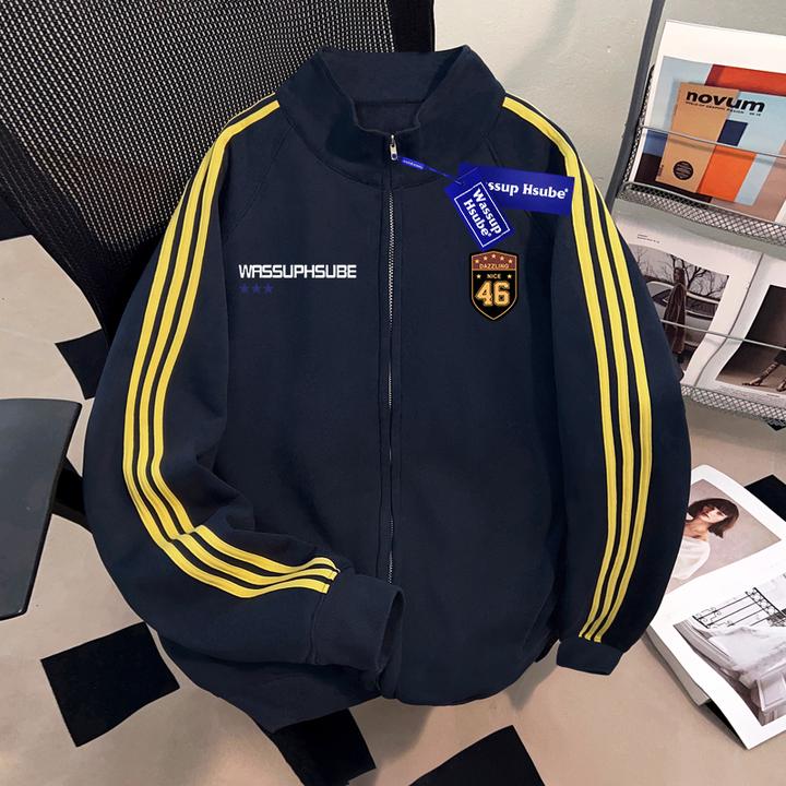 WASSUP HSUBE藏青拉黄三条杠立领开衫外套卫衣男士重磅宽松上衣潮
