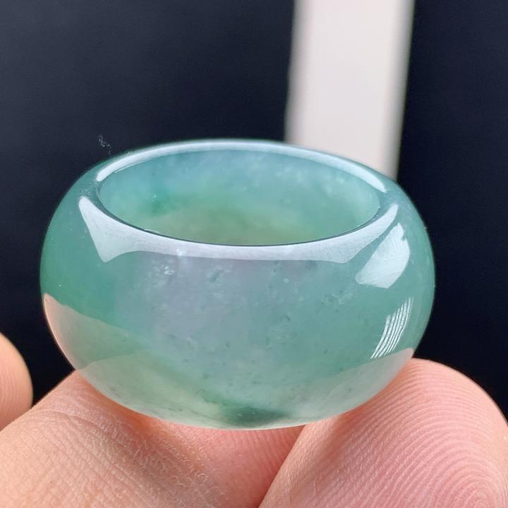 戒指内径20.4纯天然a货翡翠老坑冰种蓝绿色素面轮胎宽扳指环尾戒