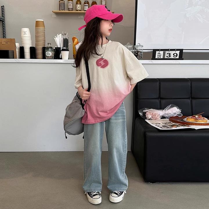 女童夏季短袖渐变T恤2025新款中大童女孩夏款洋气休闲儿童夏装潮T