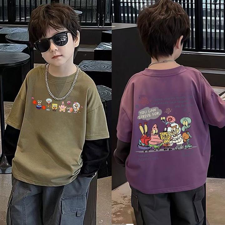 女童纯棉长袖T恤儿童春秋新款爆款假两件男孩帅气外穿打底上衣潮t