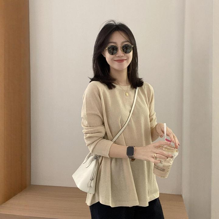 氛围感穿搭杏色套头长袖针织衫女早秋季韩系小个子慵懒风宽松上衣