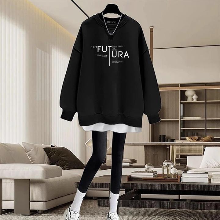 假两件圆领卫衣女2026秋冬新款中长款盖遮屁股加绒加厚拼接上衣