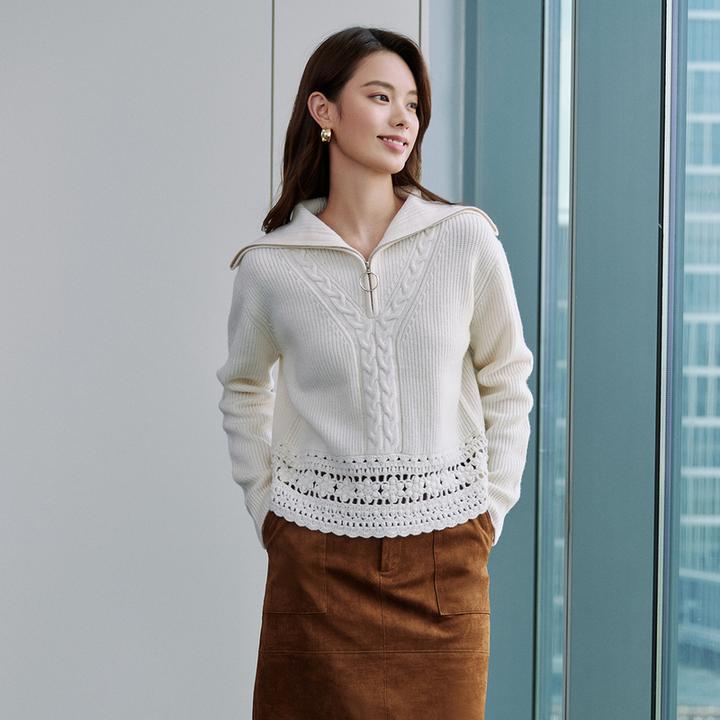 EP雅莹2025早秋新品 复古手工钩花镂空翻领半拉链羊毛套头衫9593A