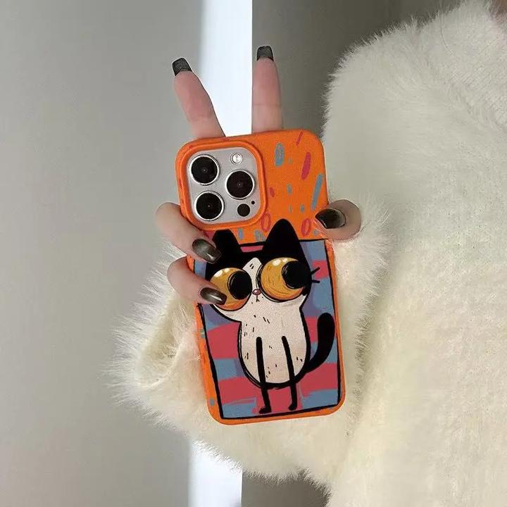 ins风抽象猫适用苹果16/17手机壳iPhone15promax14荔枝纹13/1211