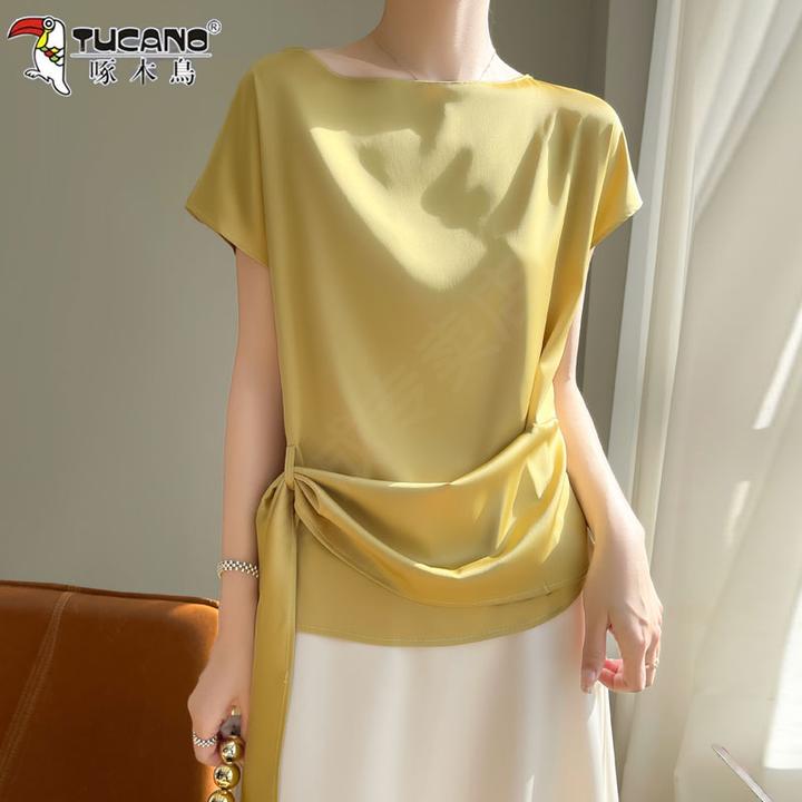 啄木鸟t恤女设计感缎面内搭宽松气质薄法式时尚显瘦短袖醋酸上衣