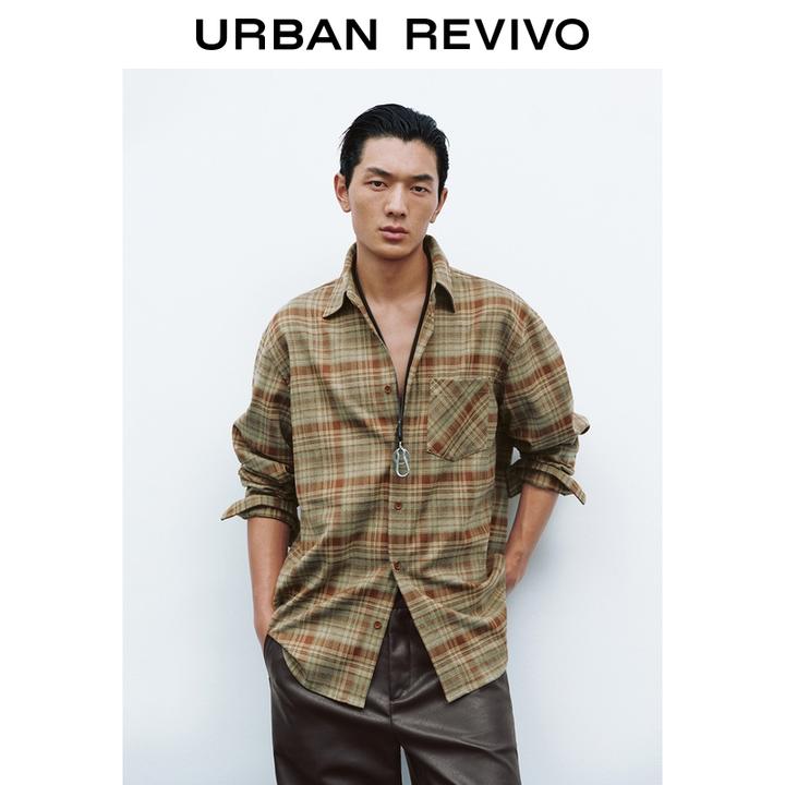 UR2025冬季新款男装琥珀流光风格纹超宽松开襟衬衫UMF250095