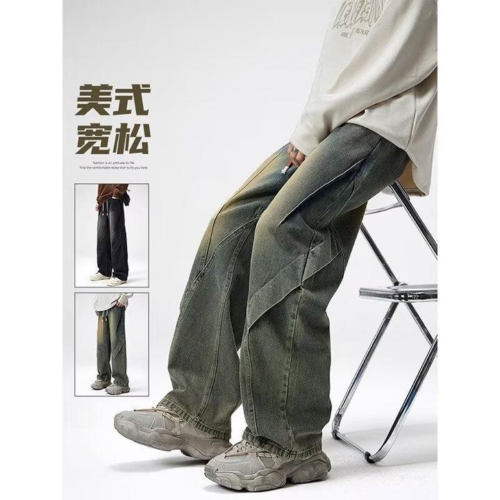 秋冬季长裤美式拼接重磅色垂感休闲裤街头潮牌男士牛仔阔腿裤大码