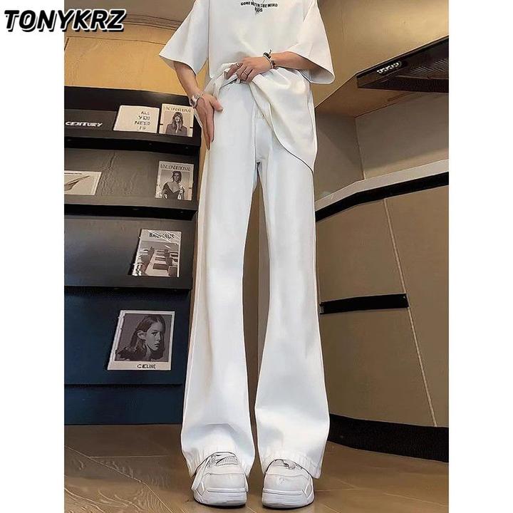 TONYKRZ白色微喇牛仔裤男春夏款美式高街vibe裤子显瘦直筒弯刀裤