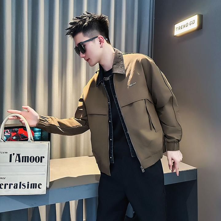 男士假两件外套短款潮流翻领上衣2025新款秋冬季痞帅加棉拼接夹克