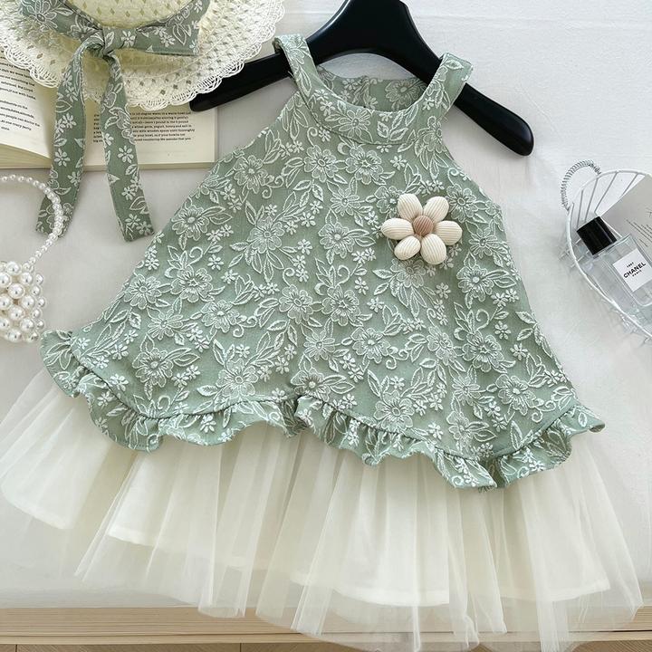 女童无袖连衣裙夏季2025新款洋气时髦公主裙宝宝网纱拼接背心裙潮