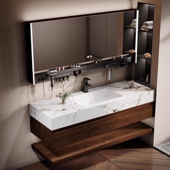 甜木岩板陶瓷无缝中古风新中式一体盆浴室柜组合洗手盆洗脸盆柜