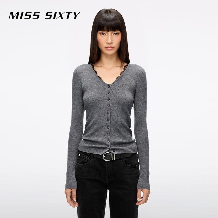Miss Sixty2025秋季新款羊毛针织开衫女V领蕾丝拼接修身短款上衣
