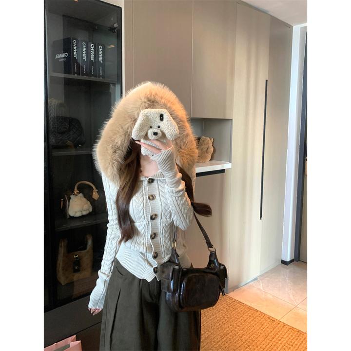 麻花毛衣外套女秋冬修身显瘦慵懒毛毛领辣妹针织上衣开衫小香风