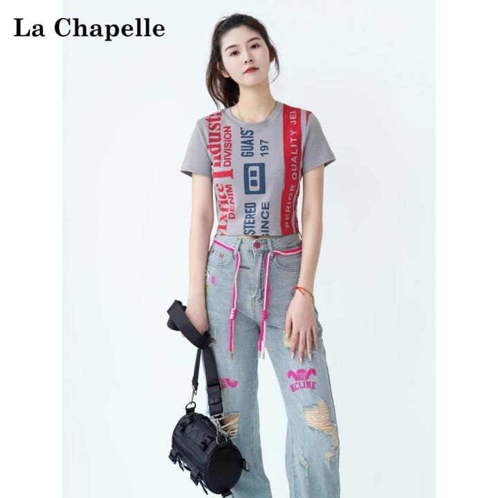 拉夏贝尔网红炸街时尚休闲运动宽松百搭高腰女牛仔裤2025新款