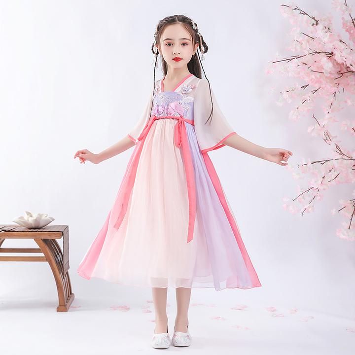 女童装雪纺汉服长款中国风古装民族旗袍唐装夏季款中袖连衣裙儿童