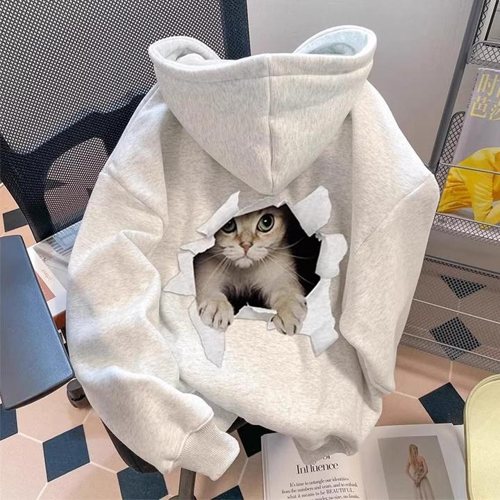 仓石一树潮牌趣味猫咪印花卫衣男士情侣秋冬2025新款加绒连帽上衣