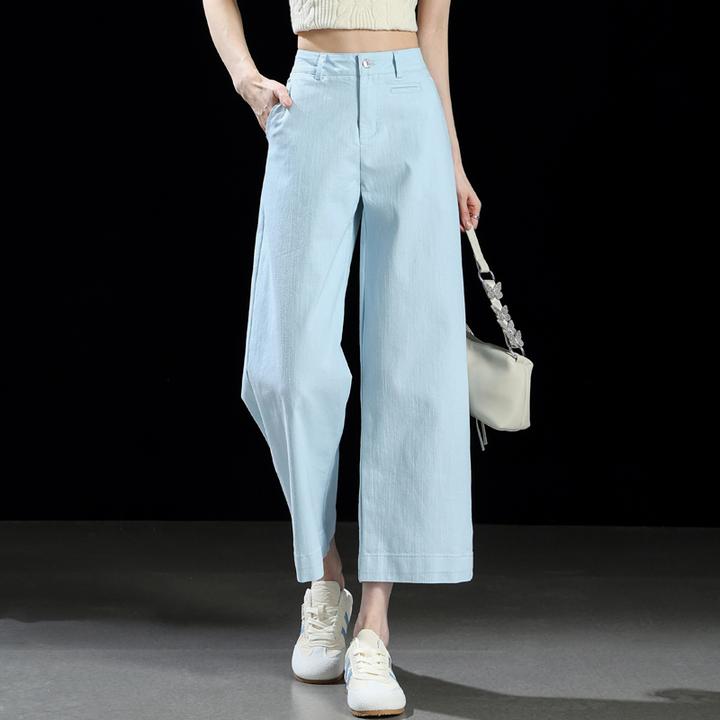 天蓝色高腰垂感休闲裤女夏薄款水洗棉宽松阔腿裤女显瘦九分直筒裤