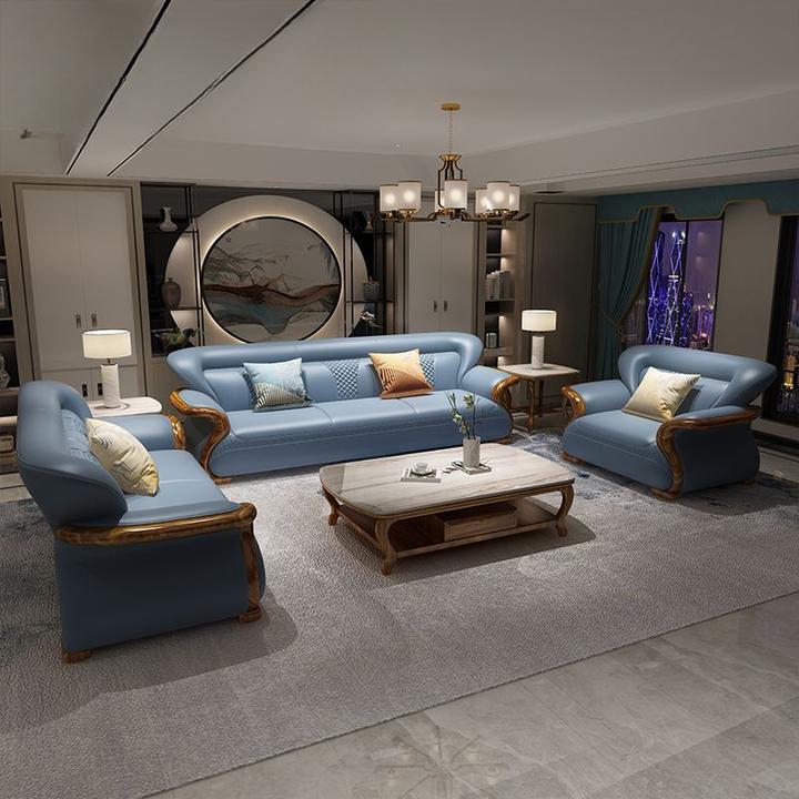 乌金木转角牛皮沙发现代简约小户型全实木新中式家具组合轻奢欧式