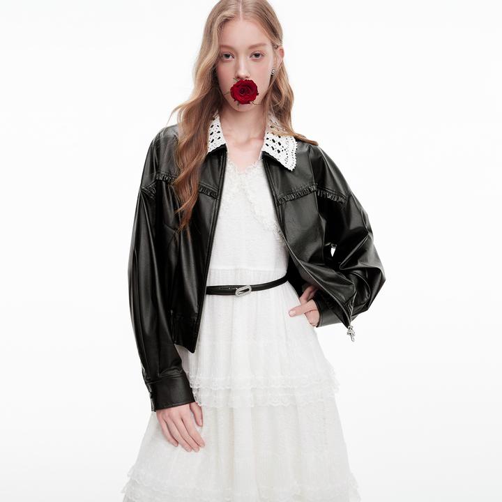 MISSCOCOON可可尼娃娃领黑色夹克上衣女2025秋季新款仿皮衣短外套