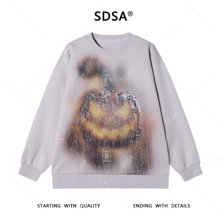 SDSA男士秋冬新款痞帅男装美式撞色重工裂纹印花圆领卫衣百搭宽松