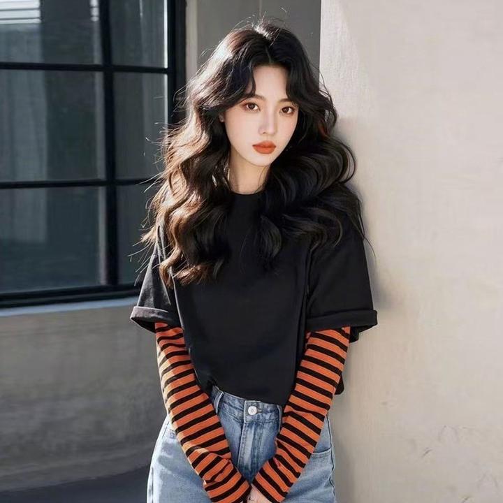 网红黑色条纹假两件T恤女宽松百搭长袖打底时尚拼接韩版撞色上衣