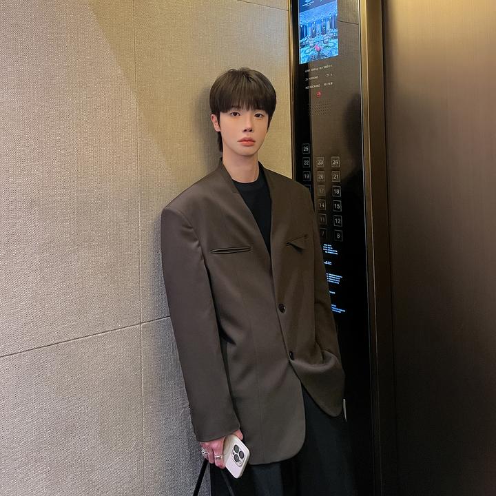 高林凡 韩版无领西服宽松纯色休闲百搭西装高级感复古外套男女