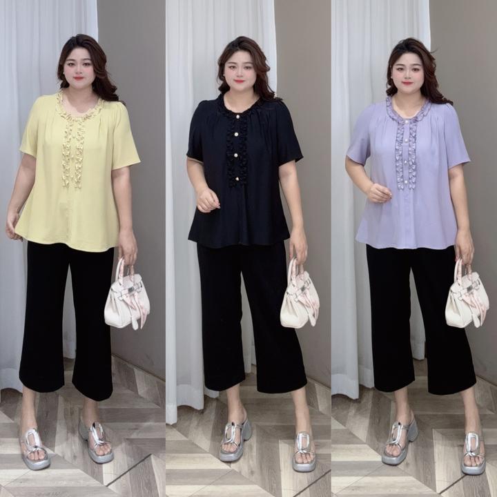 PWD33072【现货仅上衣】大码韩系木耳边短袖衬衫遮肚显瘦【衣长70】