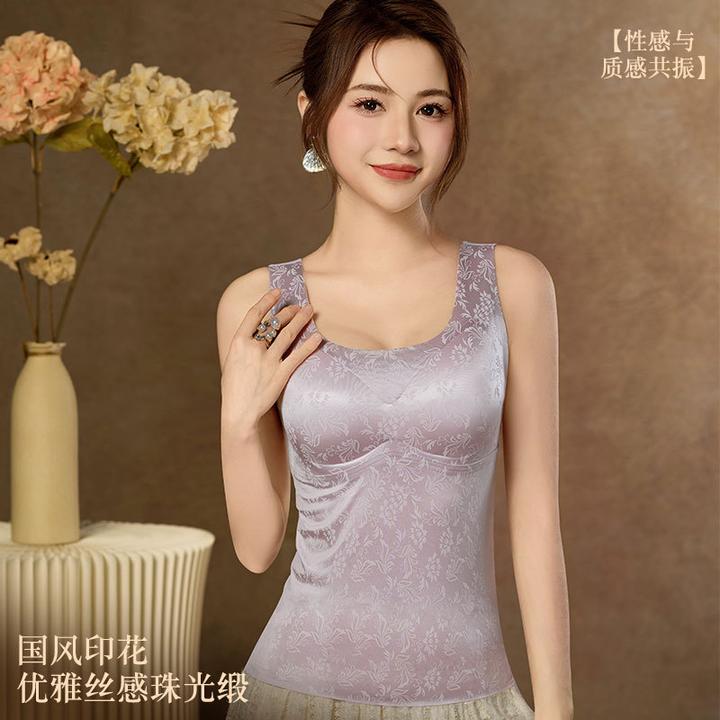 夏季缎面国风印花吊带背心免穿文胸女内搭打底上衣女装透气内衣