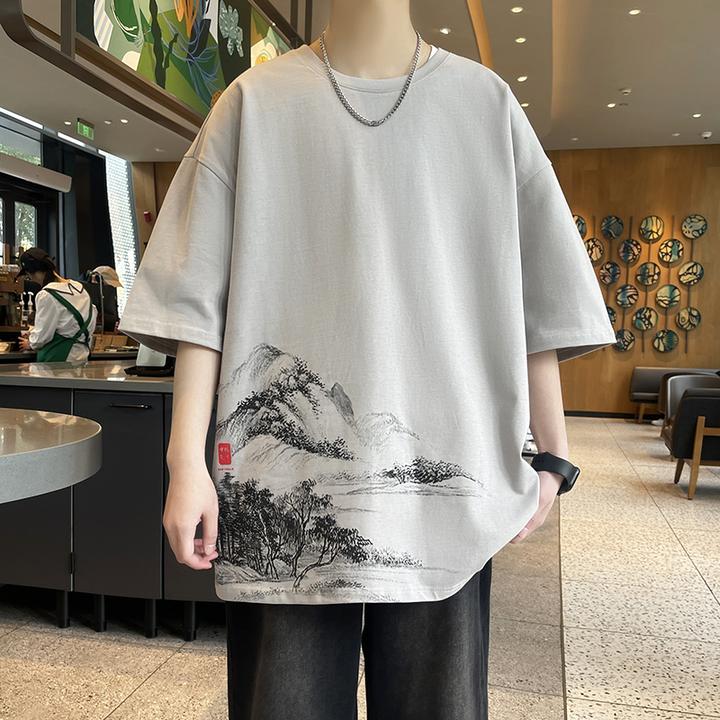 新中式国风短袖t恤男夏季纯棉凉感半袖体恤男士宽松落肩袖上衣服T