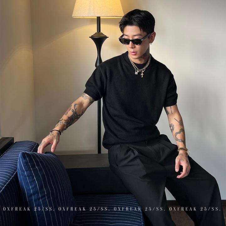 OXFREAK「粗针螺纹 三角袖标」老钱风黑色短袖毛衣男针织打底衫