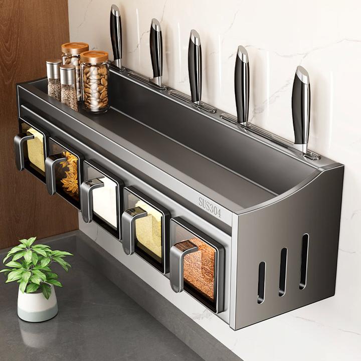 304不锈钢厨房调料置物架壁挂式台面式免打孔多功能调料盒罐刀架