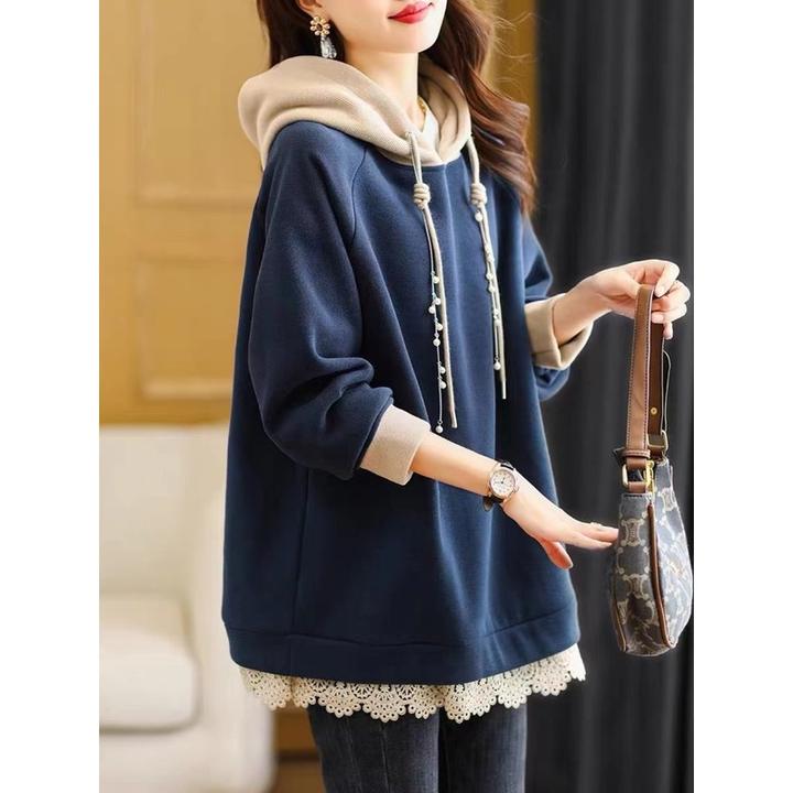 带帽蕾丝拼接运动衫春秋季2026新款宽松时尚套头连帽假俩件卫衣女