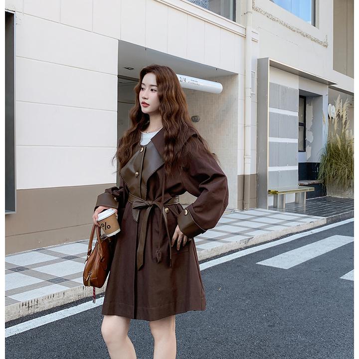 咖色设计感撞色拼皮风衣外套女2025早春秋韩系海军风收腰显瘦大衣
